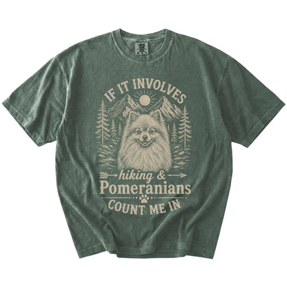 Pomeranian hiking design with mountain scenery on a Moss Comfort Colors® T-shirt