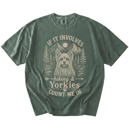 Yorkie hiking design with mountain scenery on a Moss Comfort Colors® T-shirt