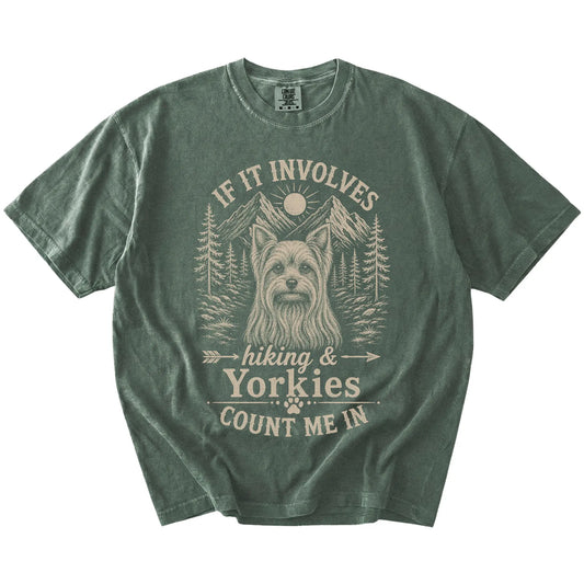 Yorkie hiking design with mountain scenery on a Moss Comfort Colors® T-shirt