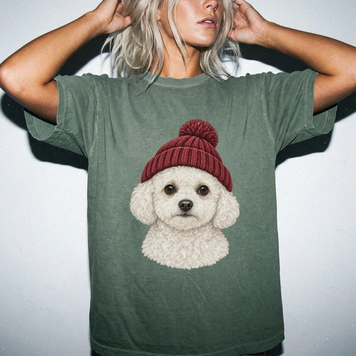 Woman wearing a Moss Bichon Frise hipster T-shirt with a maroon-beanie dog portrait