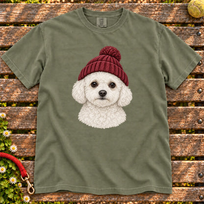 Moss Bichon Frise hipster T-shirt with a dog portrait in a chunky maroon beanie