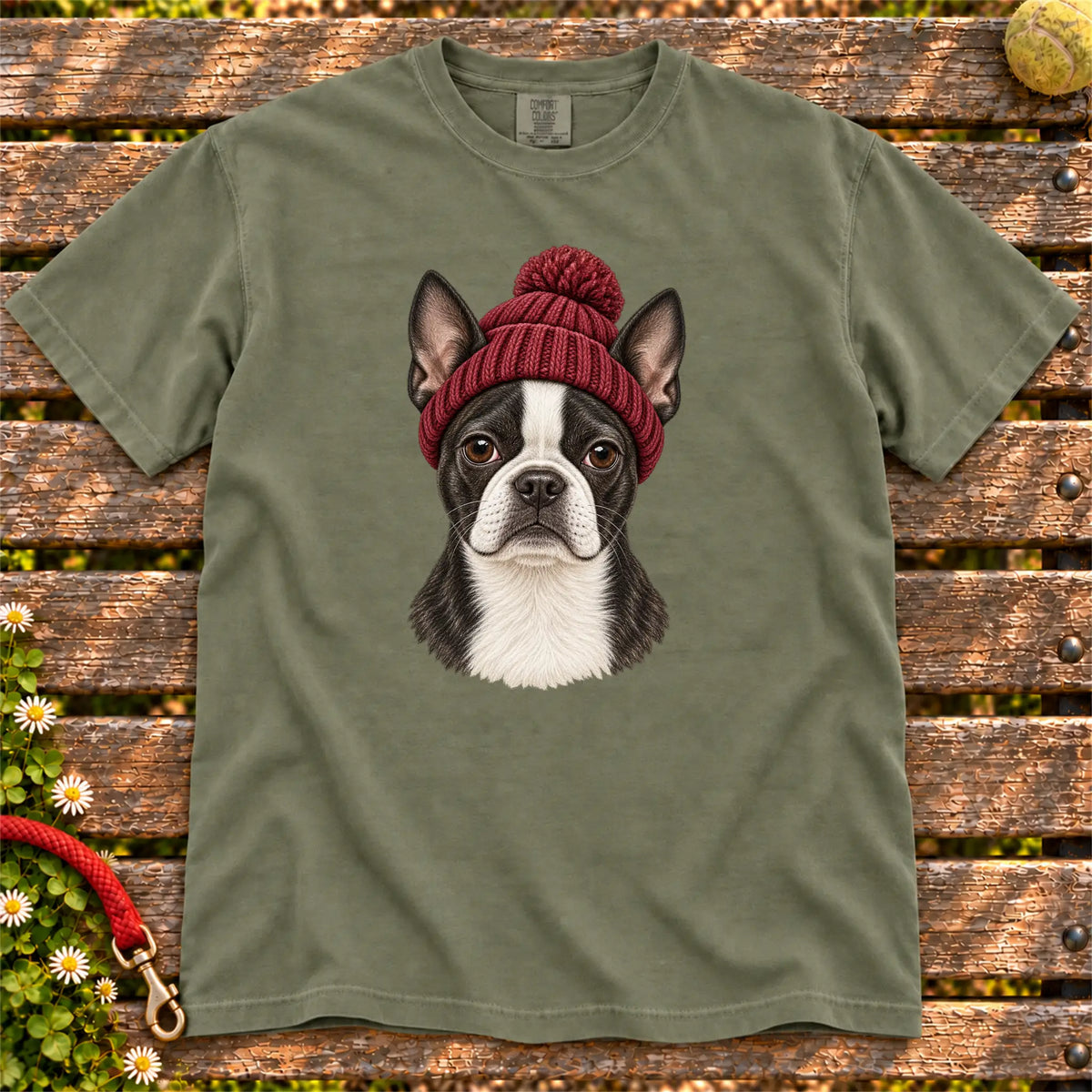 Moss Boston Terrier hipster T-shirt with a dog portrait in a chunky maroon beanie