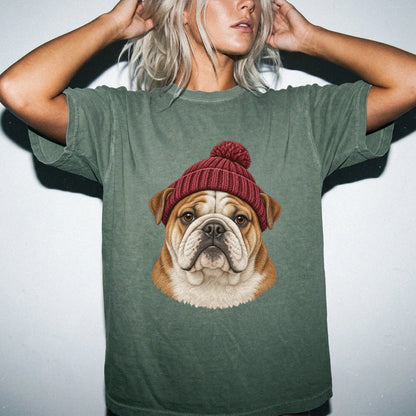 Woman wearing a Moss Bulldog hipster T-shirt with a maroon-beanie dog portrait