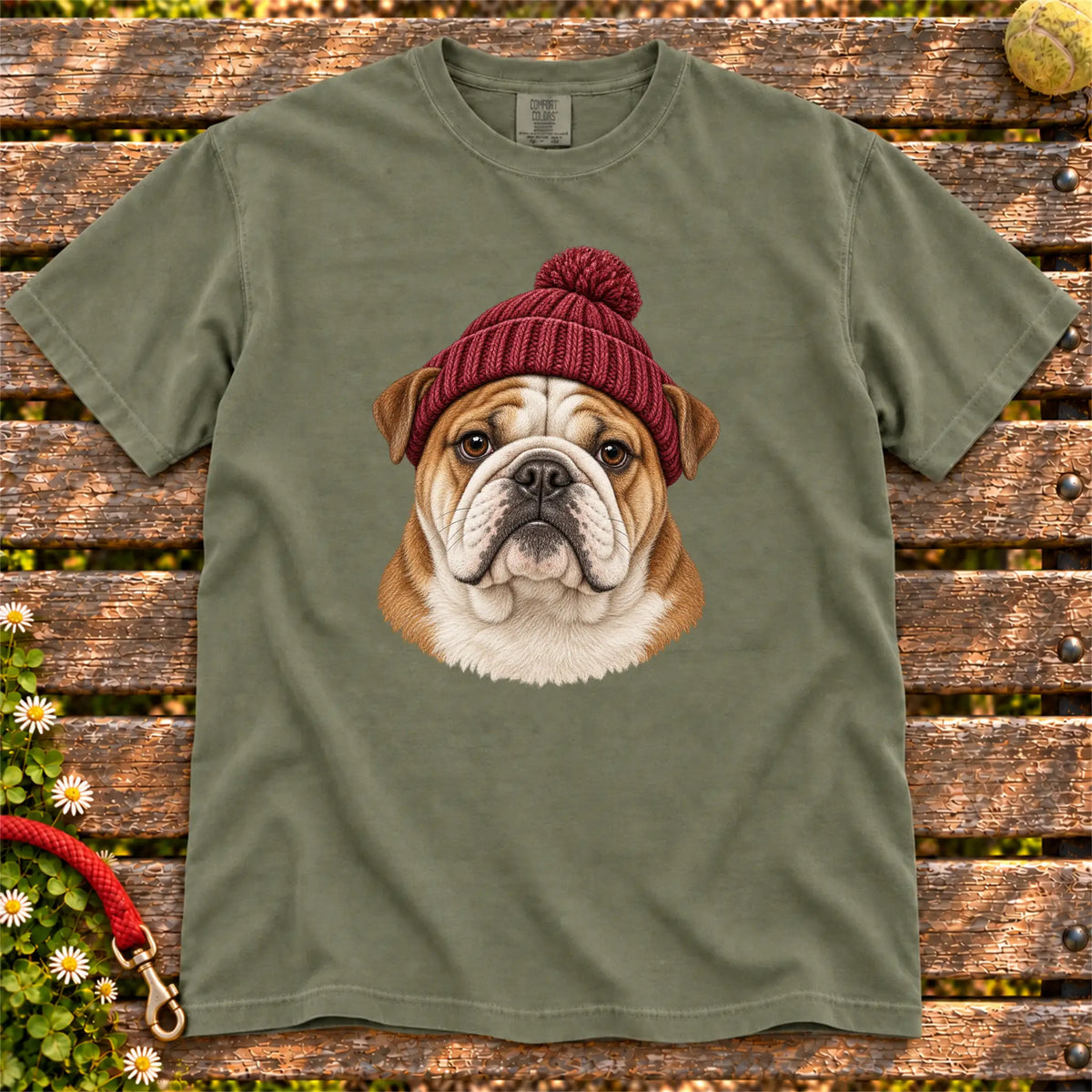 Moss Bulldog hipster T-shirt with a dog portrait in a chunky maroon beanie