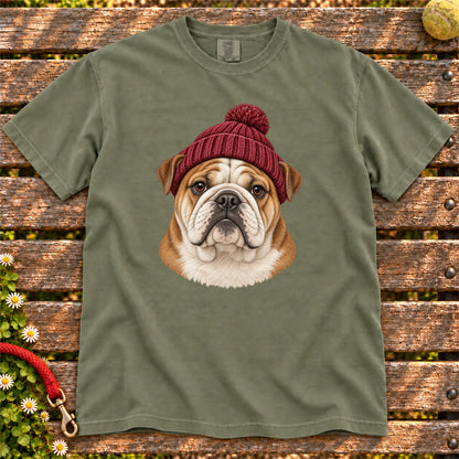 Moss Bulldog hipster T-shirt with a dog portrait in a chunky maroon beanie