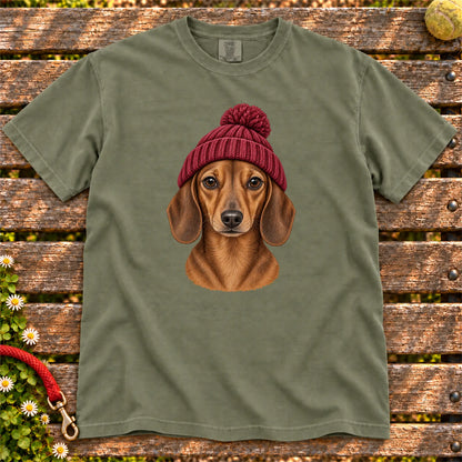Moss Dachshund hipster T-shirt with a dog portrait in a chunky maroon beanie