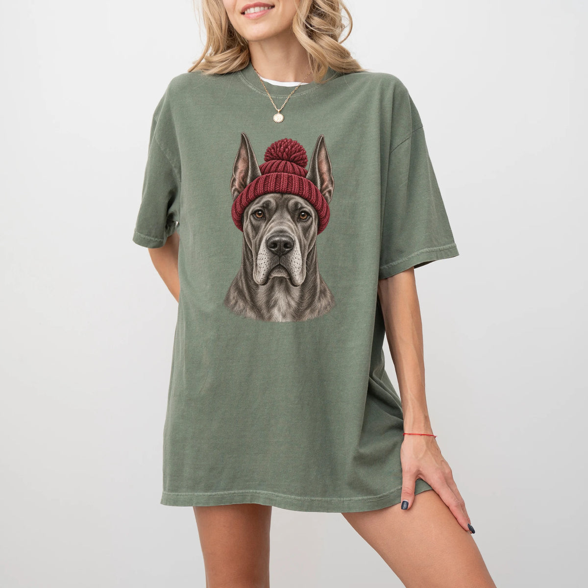 Woman wearing a Moss Great Dane hipster T-shirt with a maroon-beanie dog portrait