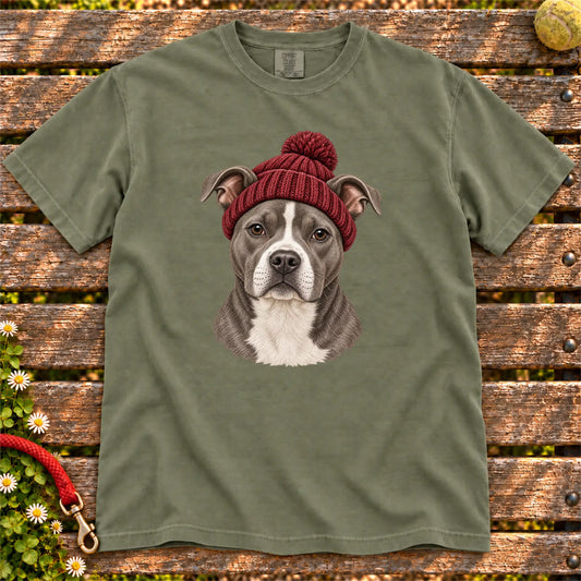 Moss Pitbull hipster T-shirt with a dog portrait in a chunky maroon beanie