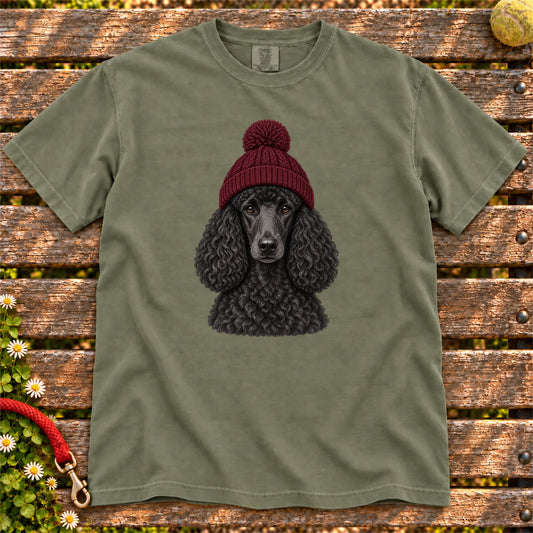 Moss Poodle hipster T-shirt with a dog portrait in a chunky maroon beanie