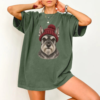 Woman wearing a Moss Schnauzer hipster T-shirt with a maroon-beanie dog portrait
