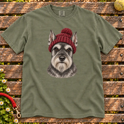 Moss Schnauzer hipster T-shirt with a dog portrait in a chunky maroon beanie