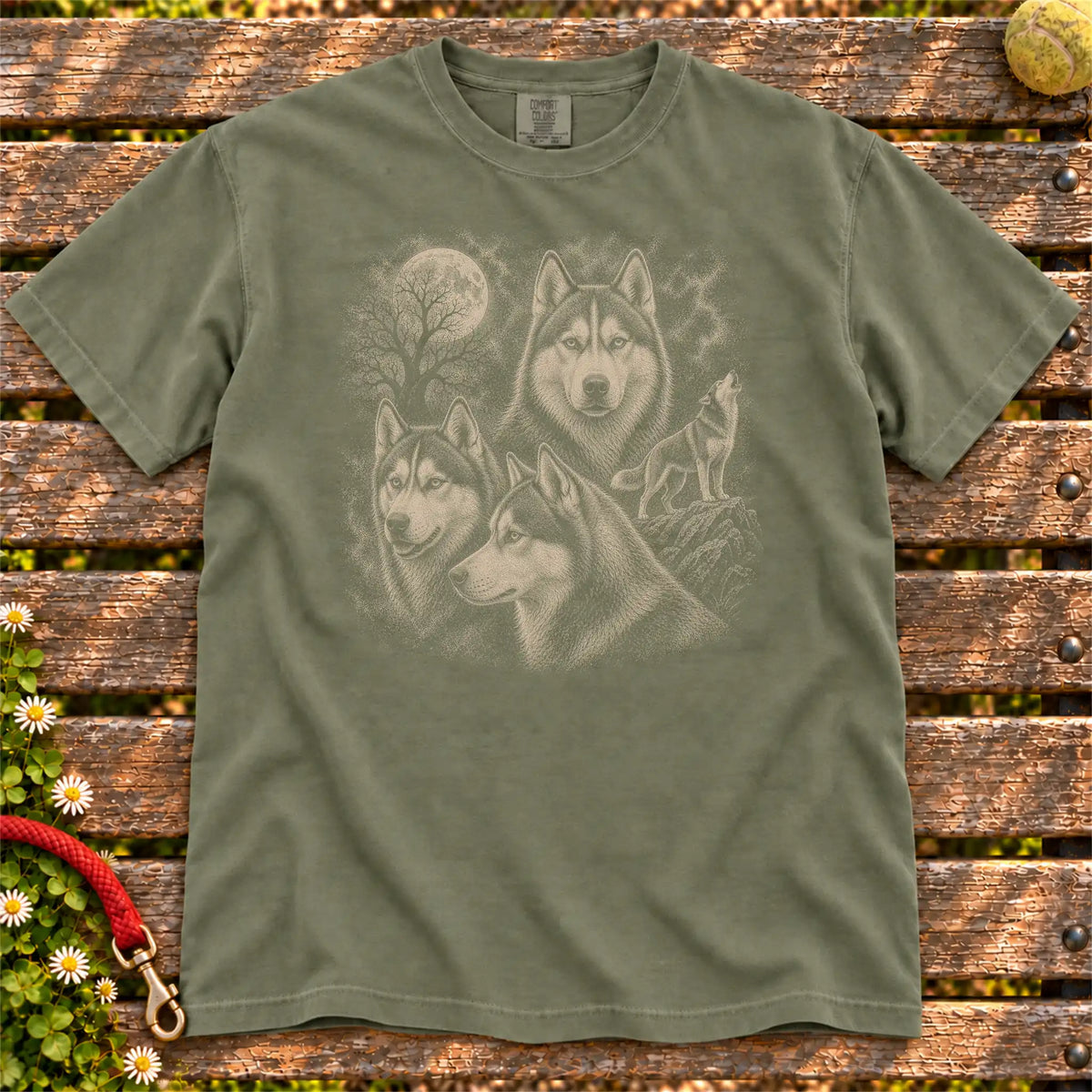 Husky 90s Moon design on a Moss T-shirt shown flat
