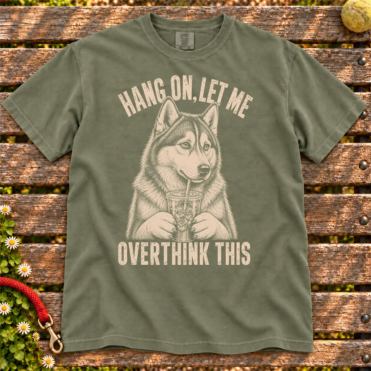 Overthinking Husky design on a Moss Comfort Colors T-shirt, shown flat