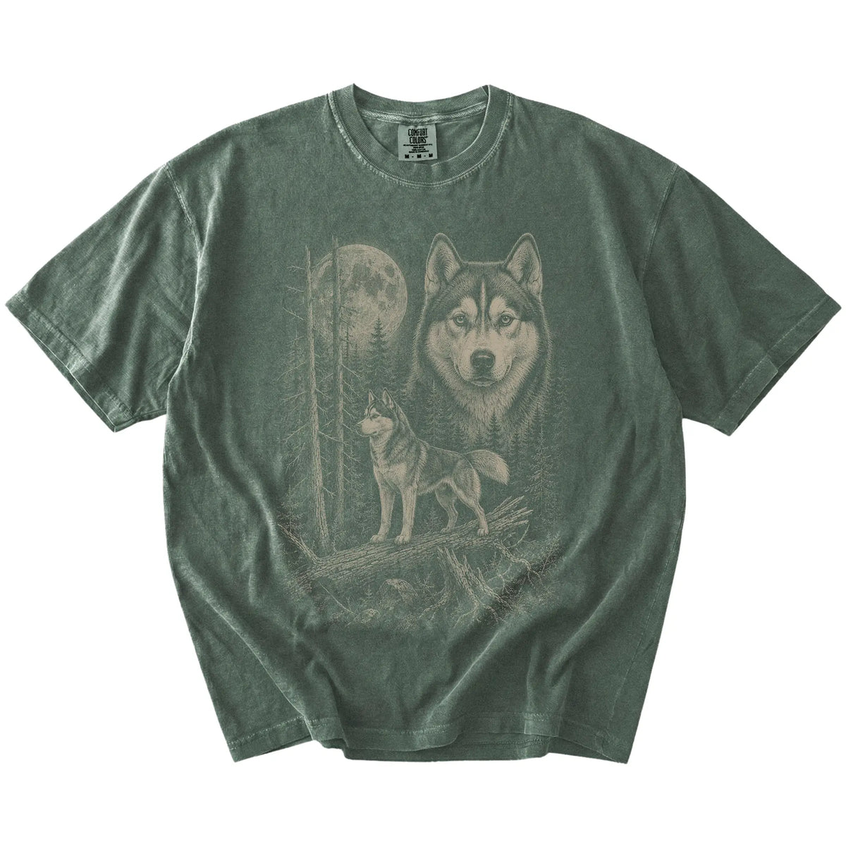 Moss Husky Moonlit Forest T-Shirt laid flat