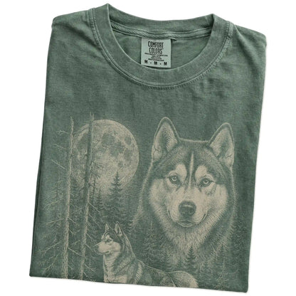 Folded Moss Husky Moonlit Forest T-Shirt showing the graphic
