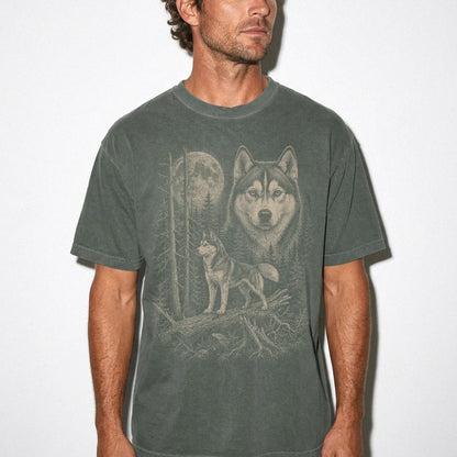 Man wearing a Moss Husky Moonlit Forest T-Shirt