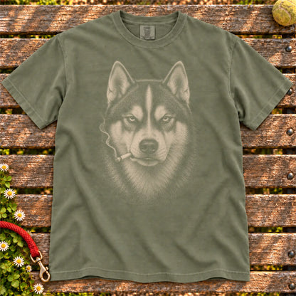 Husky smoking design on a Moss t-shirt
