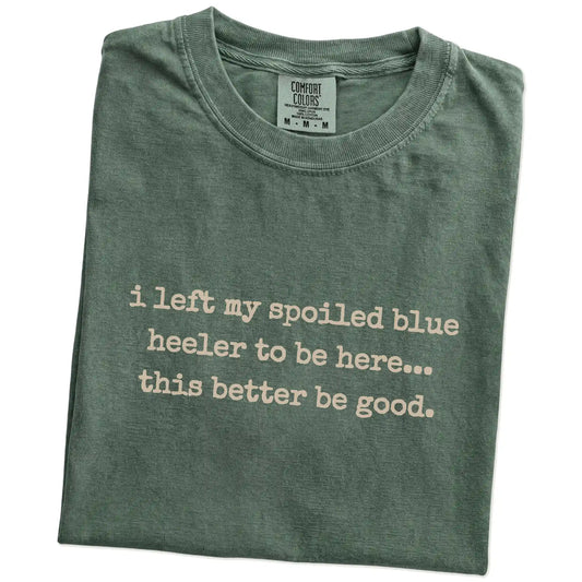 Folded Moss Comfort Colors® T-shirt showing the “I Left My Spoiled Blue Heeler Home” saying