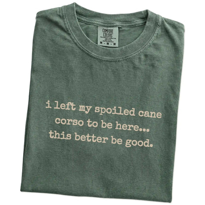 Folded Moss Comfort Colors® T-shirt showing the “I Left My Spoiled Cane Corso Home” saying