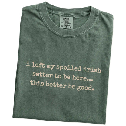Folded Moss Comfort Colors® T-shirt showing the “I Left My Spoiled Irish Setter Home” saying