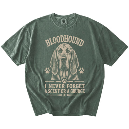 Bloodhound design with “I Never Forget A Scent Or A Grudge” lettering on a Moss Comfort Colors® T-shirt