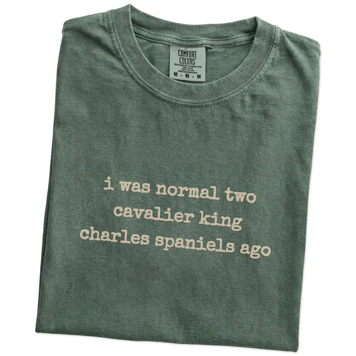 Folded Moss Comfort Colors® T-shirt showing i was normal two cavalier king charles spaniels ago lettering