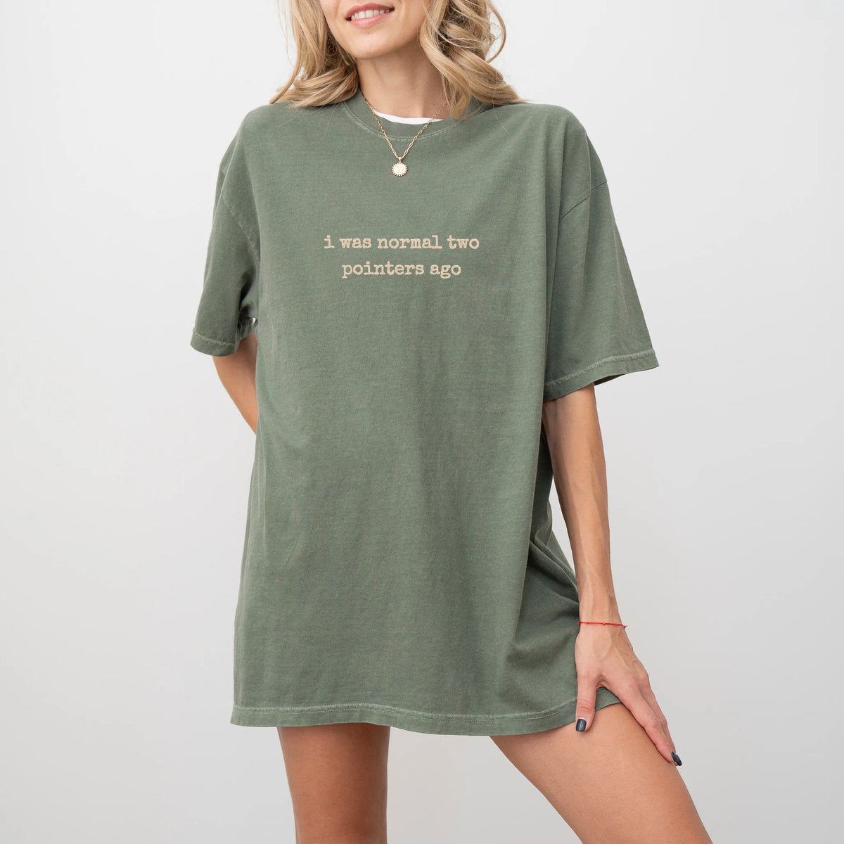 Model wearing a Moss Comfort Colors® T-shirt with i was normal two pointers ago lettering
