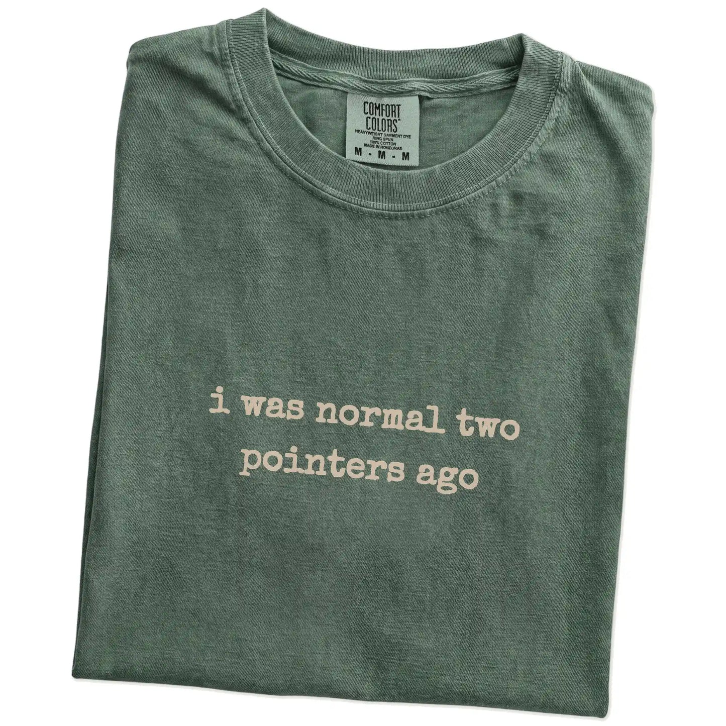 Folded Moss Comfort Colors® T-shirt showing i was normal two pointers ago lettering