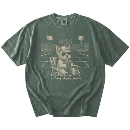 Westie claiming the football field with “I Live Here Now” lettering on a Moss Comfort Colors® T-shirt