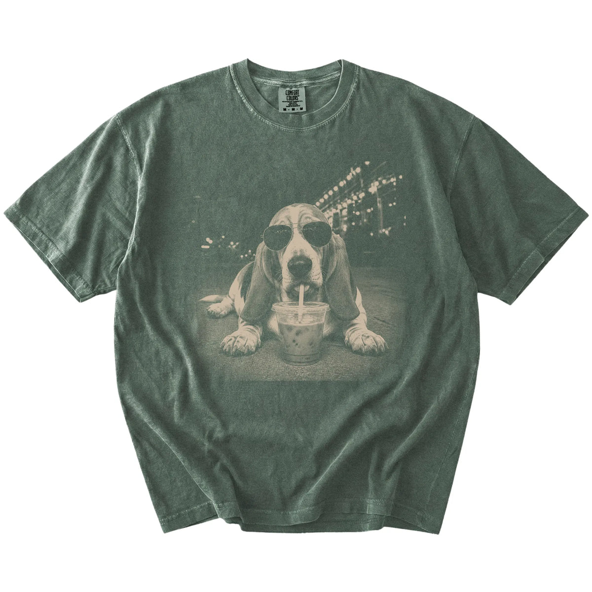 Basset Hound with iced coffee in a retro grunge design on a Moss Comfort Colors® T-shirt