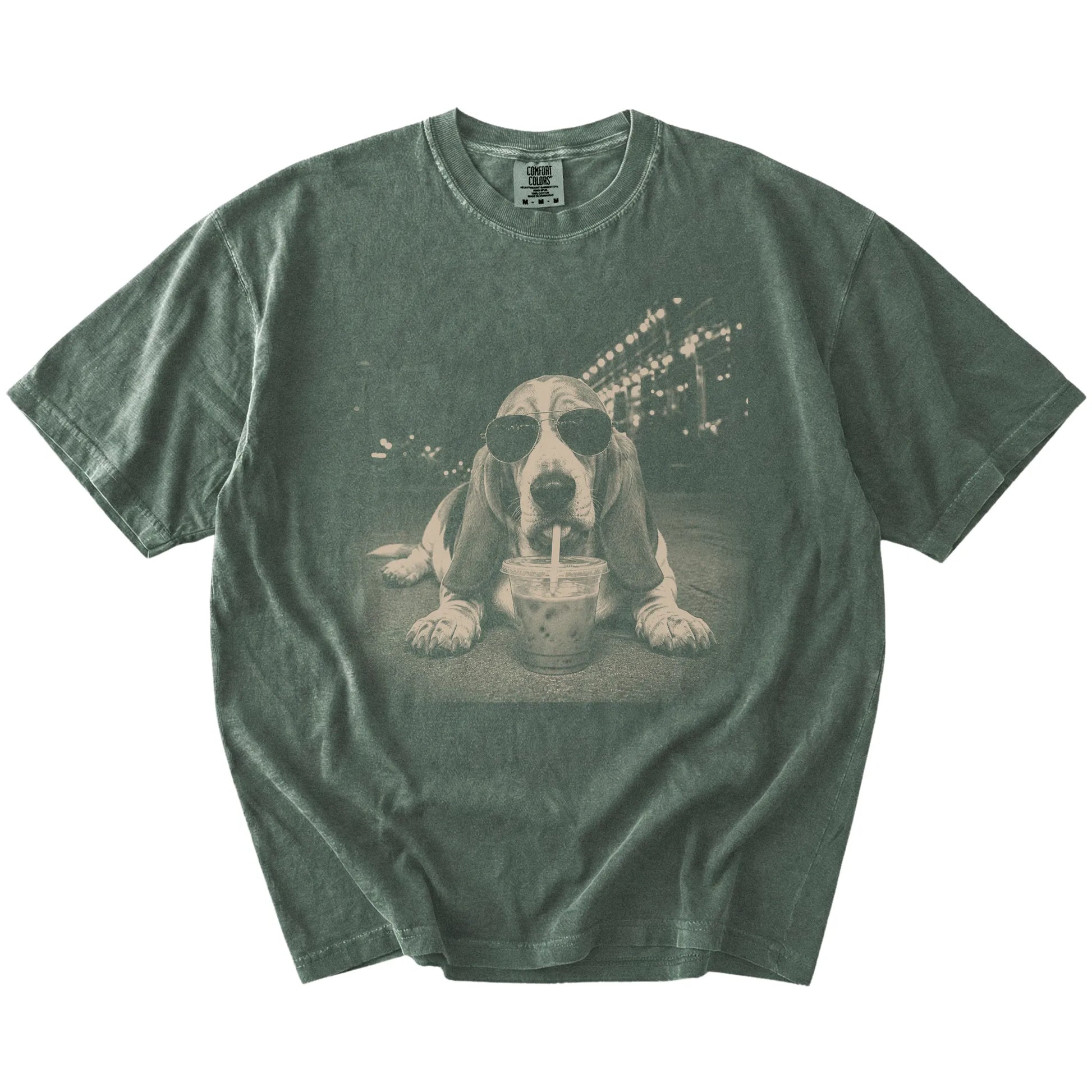 Basset Hound with iced coffee in a retro grunge design on a Moss Comfort Colors® T-shirt