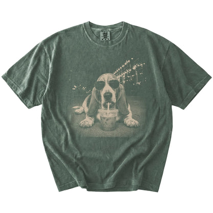 Basset Hound with iced coffee in a retro grunge design on a Moss Comfort Colors® T-shirt