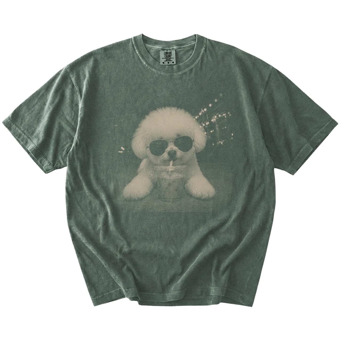 Bichon Frise with iced coffee in a retro grunge design on a Moss Comfort Colors® T-shirt