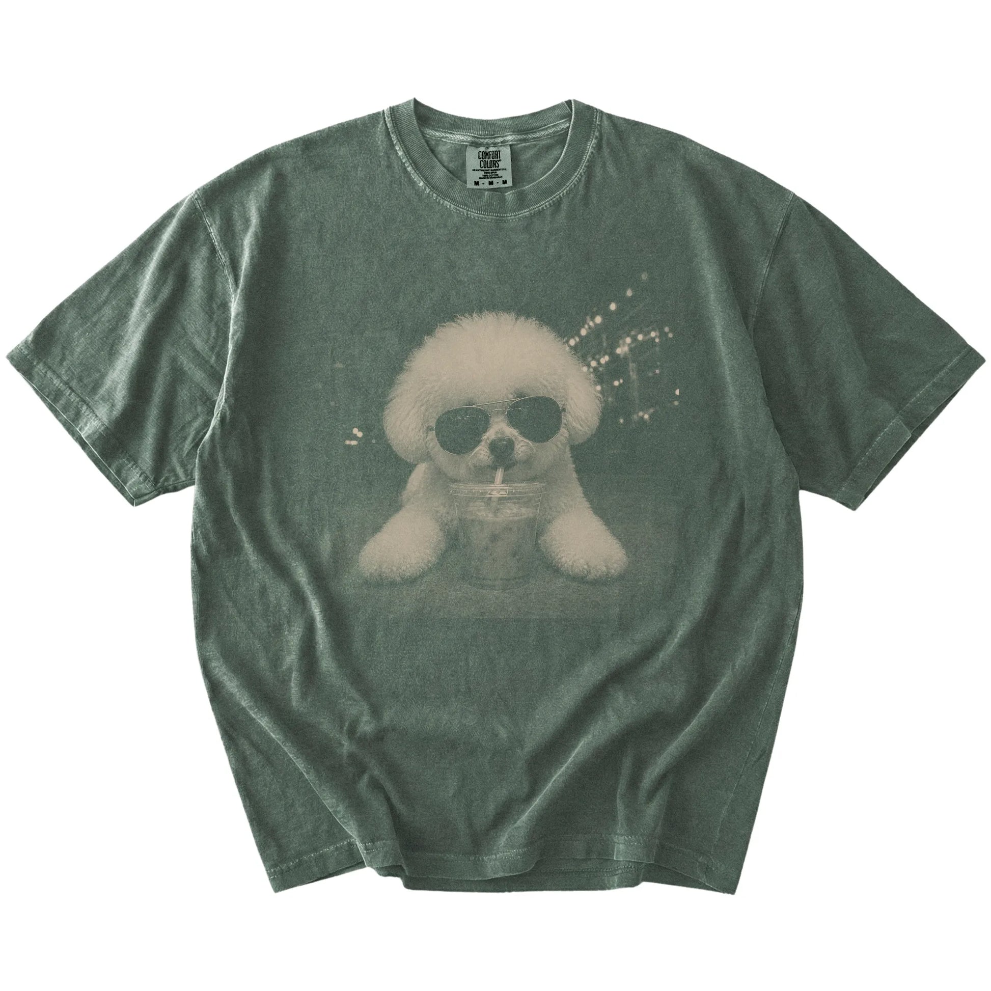 Bichon Frise with iced coffee in a retro grunge design on a Moss Comfort Colors® T-shirt