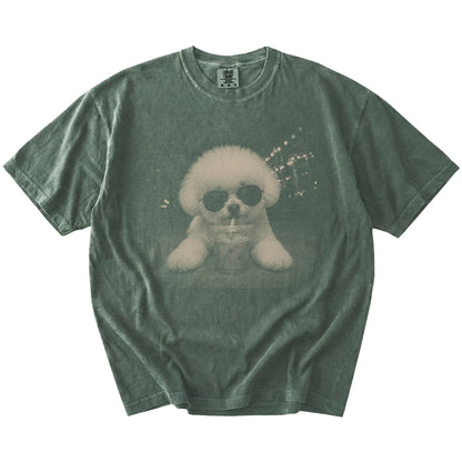 Bichon Frise with iced coffee in a retro grunge design on a Moss Comfort Colors® T-shirt