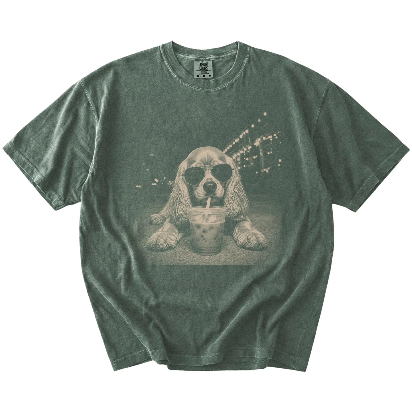 Cocker Spaniel with iced coffee in a retro grunge design on a Moss Comfort Colors® T-shirt