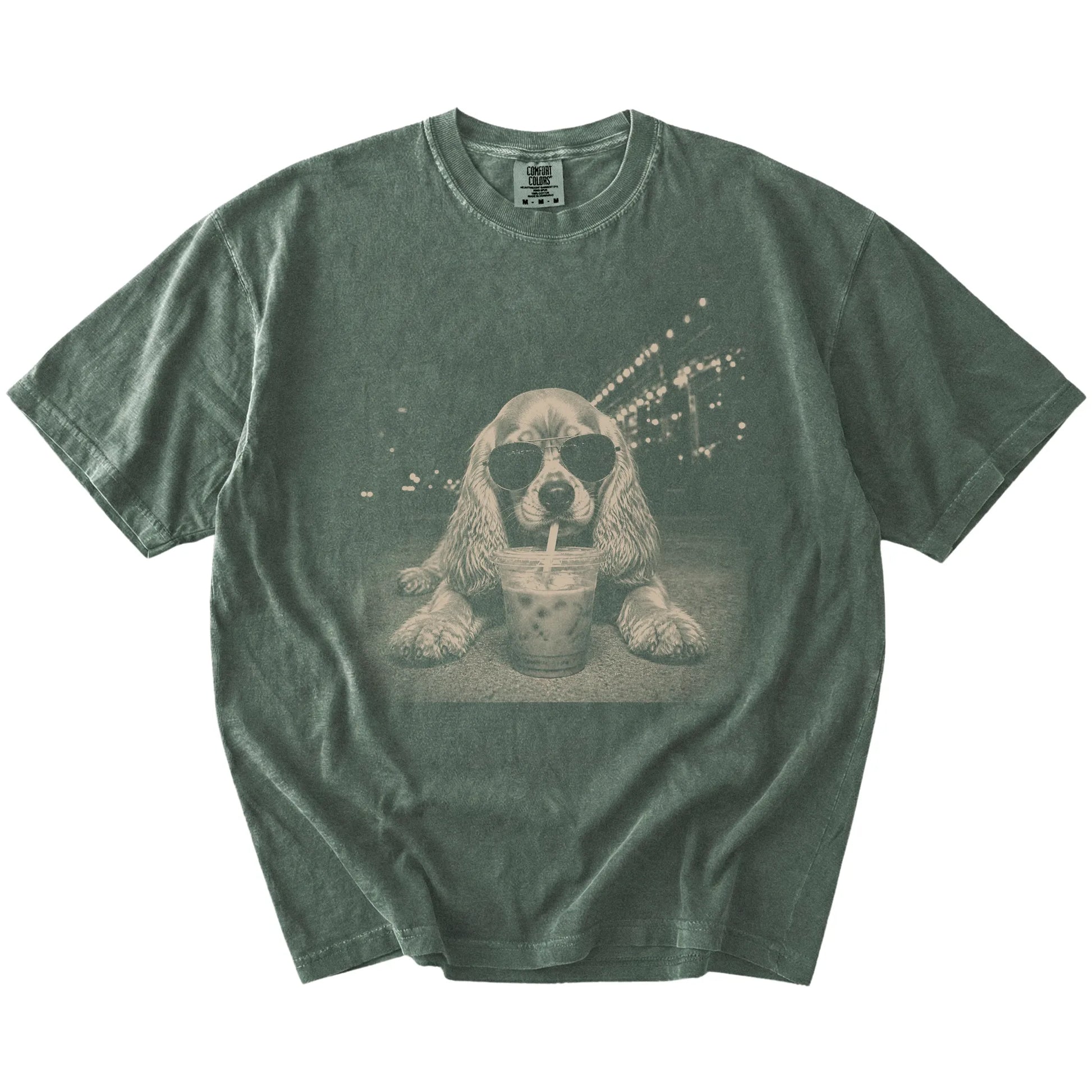 Cocker Spaniel with iced coffee in a retro grunge design on a Moss Comfort Colors® T-shirt