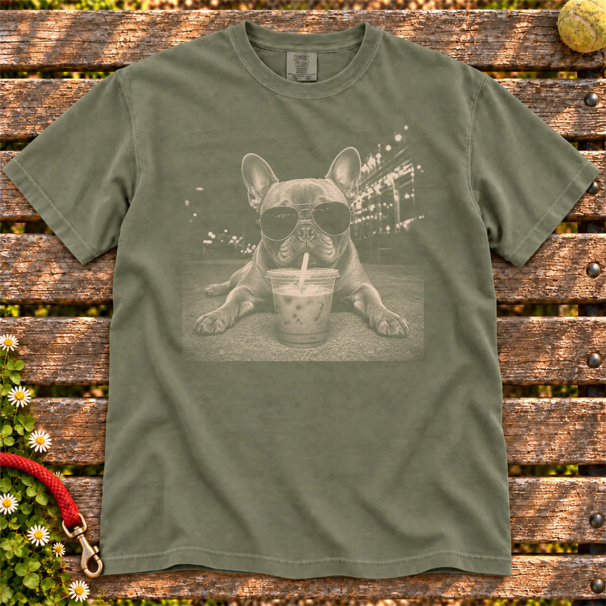 French Bulldog Iced Coffee Comfort Colors T-shirt in Moss