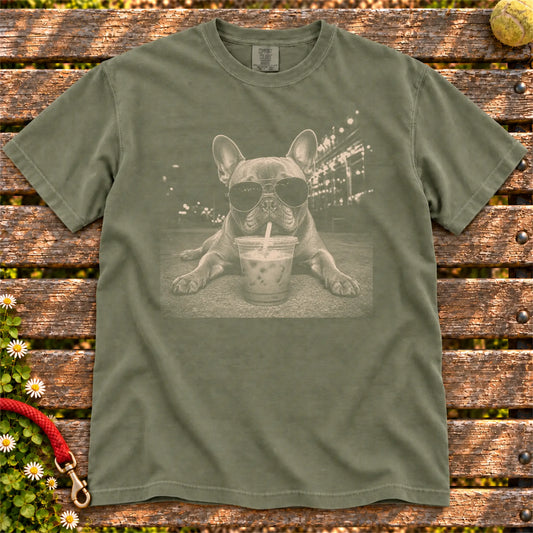 French Bulldog Iced Coffee Comfort Colors T-shirt in Moss