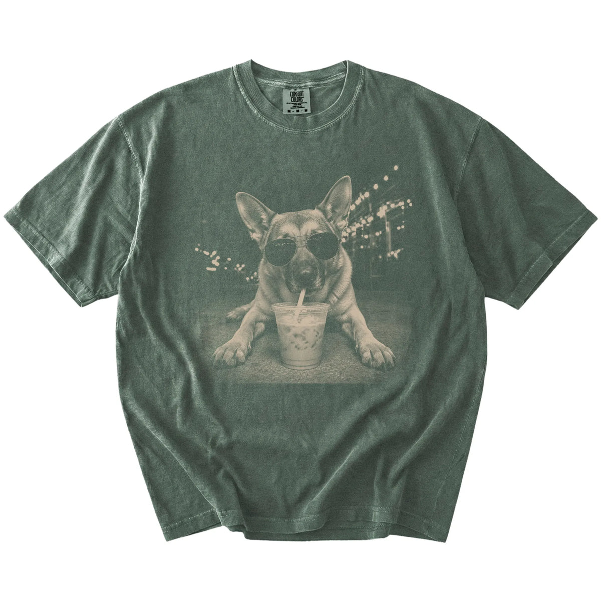 German Shepherd with iced coffee in a retro grunge design on a Moss Comfort Colors® T-shirt