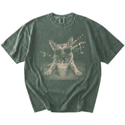 German Shepherd with iced coffee in a retro grunge design on a Moss Comfort Colors® T-shirt