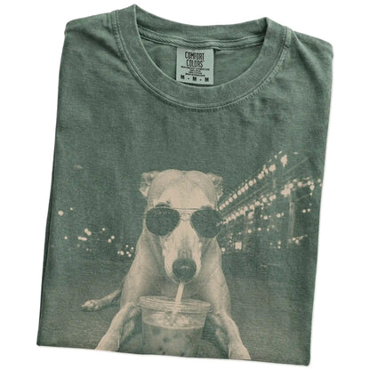 Folded Moss Comfort Colors® T-shirt showing Greyhound with iced coffee in a retro grunge design