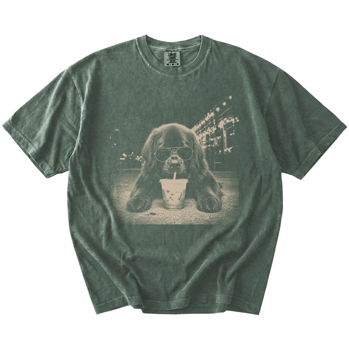 Newfie with iced coffee in a retro grunge design on a Moss Comfort Colors® T-shirt