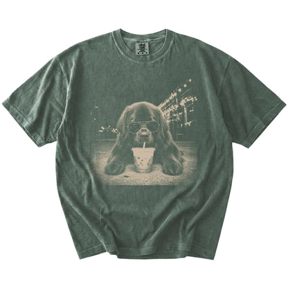 Newfie with iced coffee in a retro grunge design on a Moss Comfort Colors® T-shirt