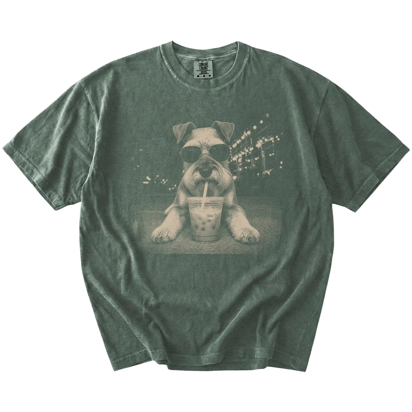 Schnauzer with iced coffee in a retro grunge design on a Moss Comfort Colors® T-shirt