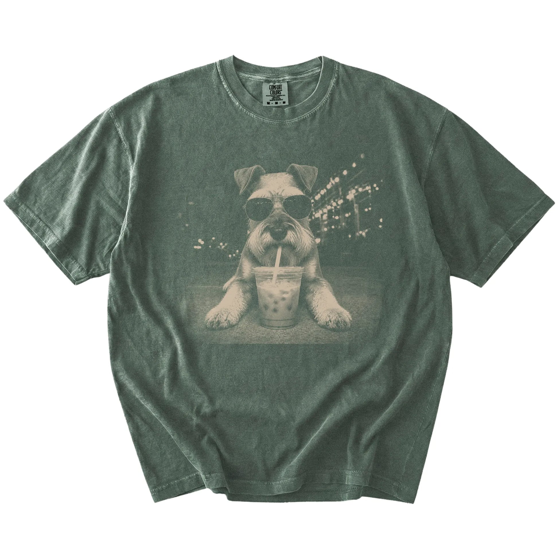 Schnauzer with iced coffee in a retro grunge design on a Moss Comfort Colors® T-shirt