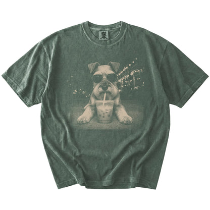 Schnauzer with iced coffee in a retro grunge design on a Moss Comfort Colors® T-shirt