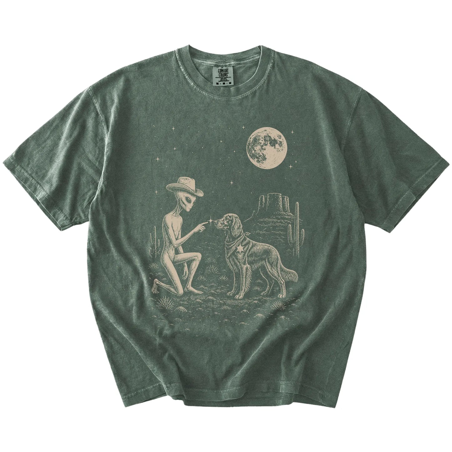 Cowboy alien fist-bumping a Irish Setter beneath the moon on a Moss Comfort Colors® T-shirt
