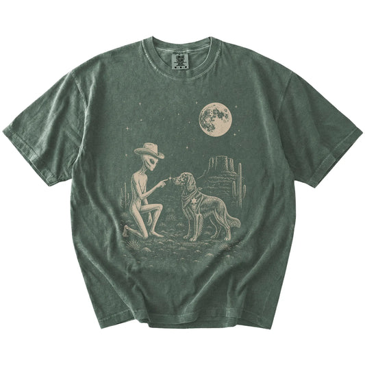 Cowboy alien fist-bumping a Irish Setter beneath the moon on a Moss Comfort Colors® T-shirt