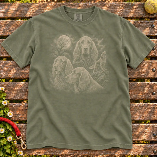 Irish Setter 90s Moon design on a Moss T-shirt shown flat